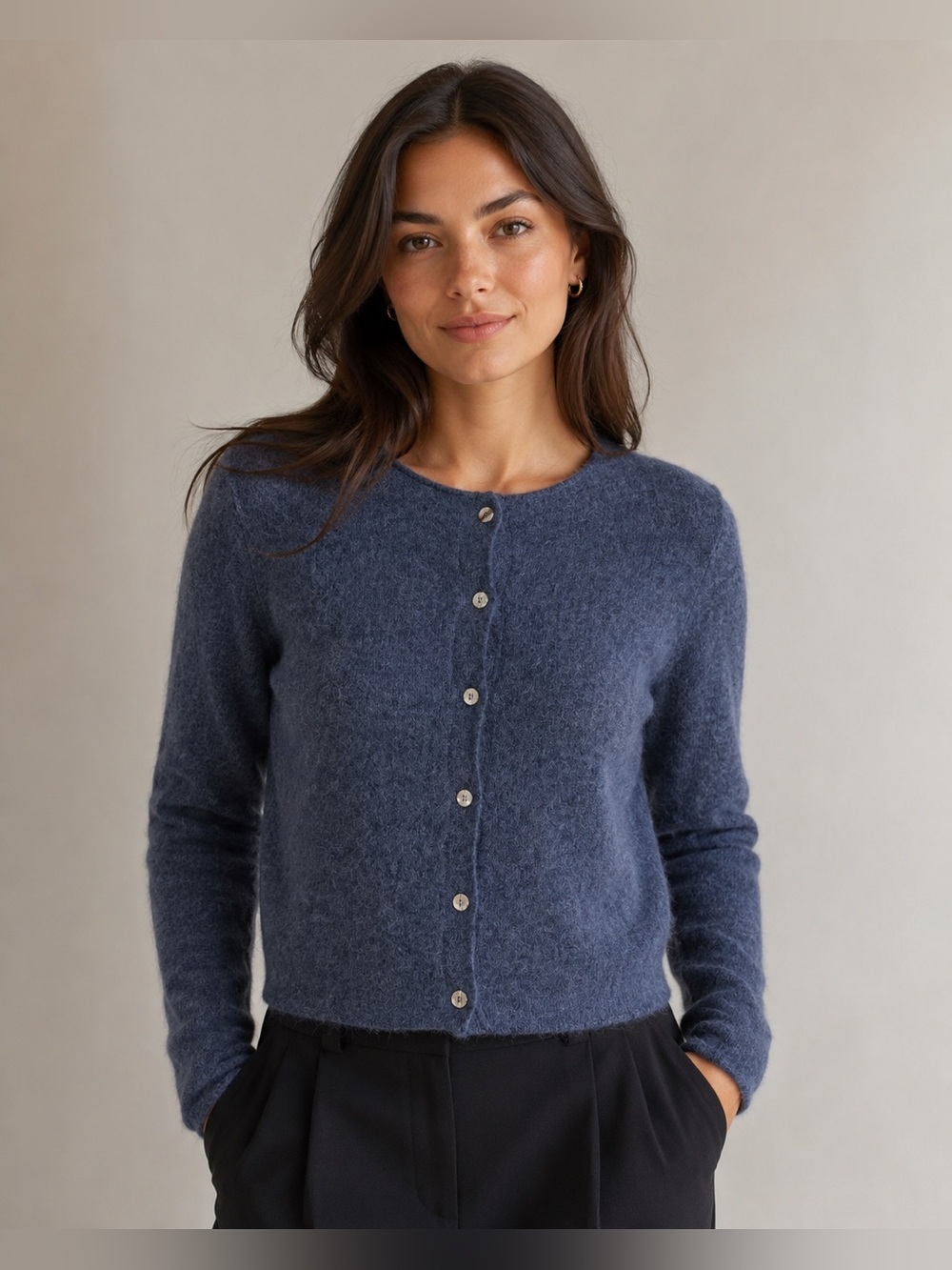 Peruvian Connection Baby Alpaca Blue Cropped Cardigan Sweater M Quiet Luxury